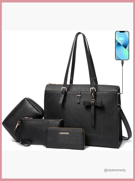 Handbags - Large PU Leather Laptop Tote Set with USB Charging Port